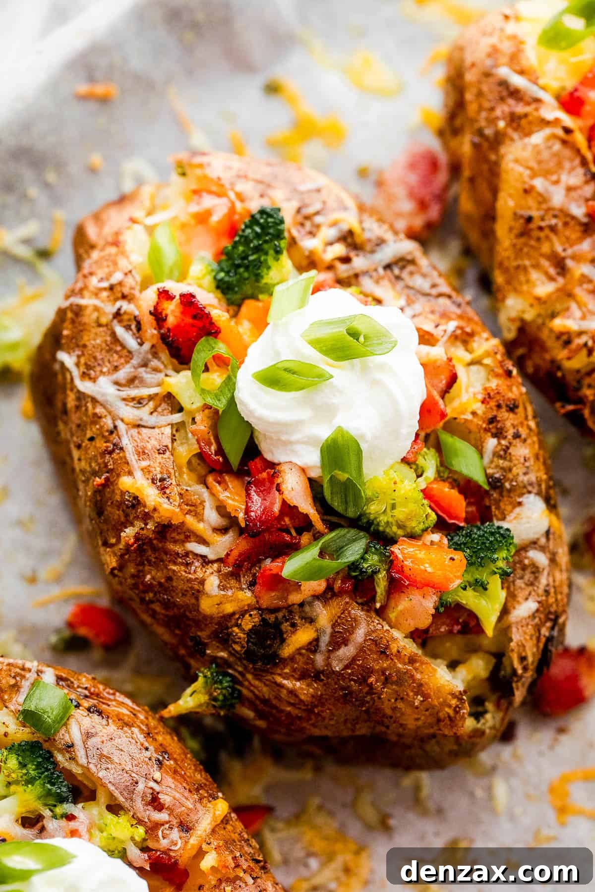 Three Instant Pot Baked Potatoes Beside Bowls of Cheese, Broccoli, Bacon, Chopped Green Onions and Sour Cream