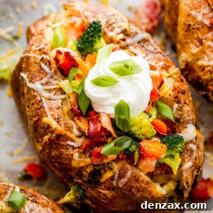 Three Instant Pot Baked Potatoes Beside Bowls of Cheese, Broccoli, Bacon, Chopped Green Onions and Sour Cream