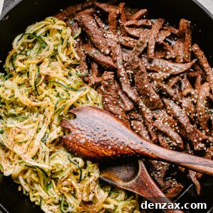 Skillet with flank steak and zoodles
