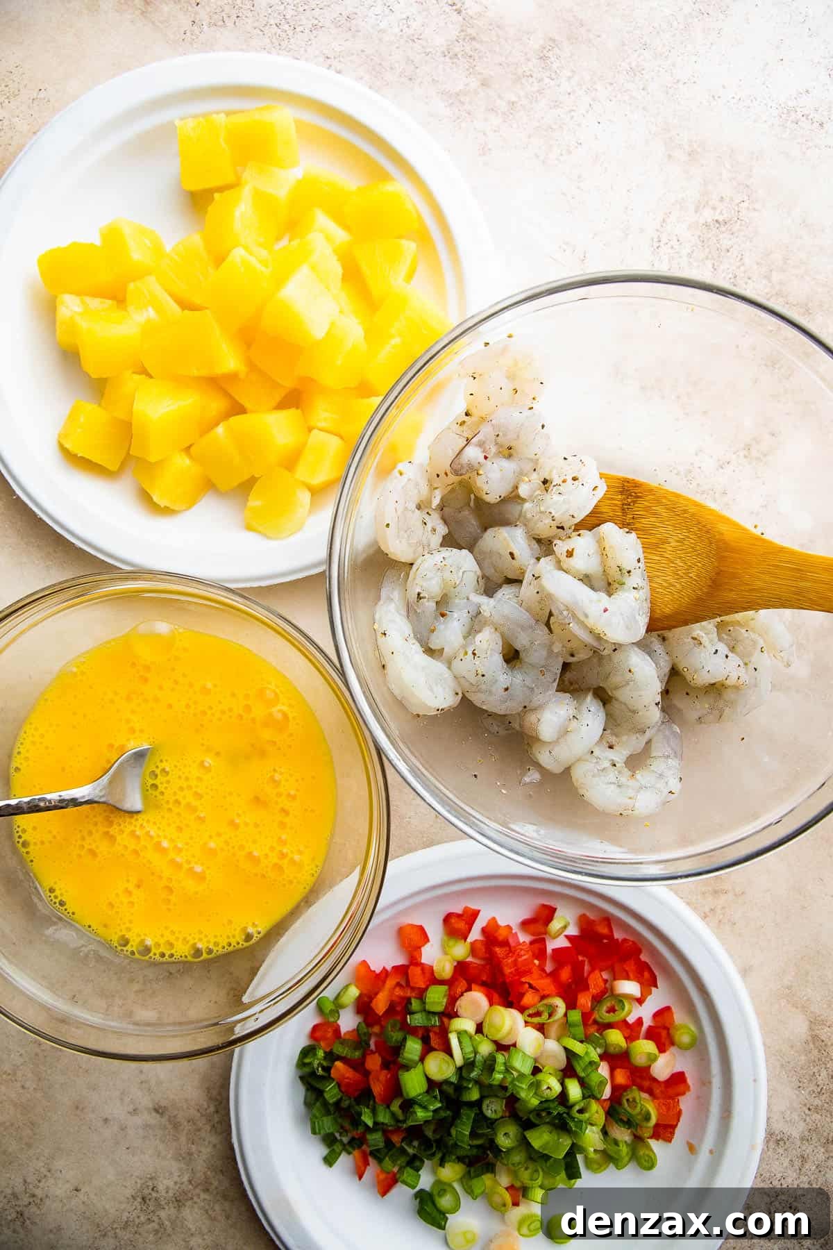 shrimp fried rice ingredients in bowls