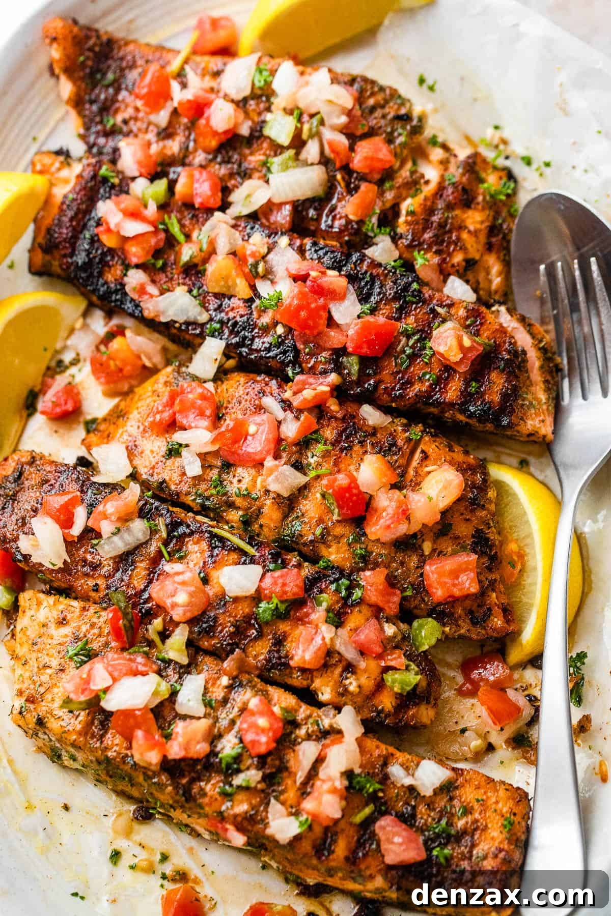 overhead shot of brown sugar grilled salmon fillets topped with diced tomatoes and onions