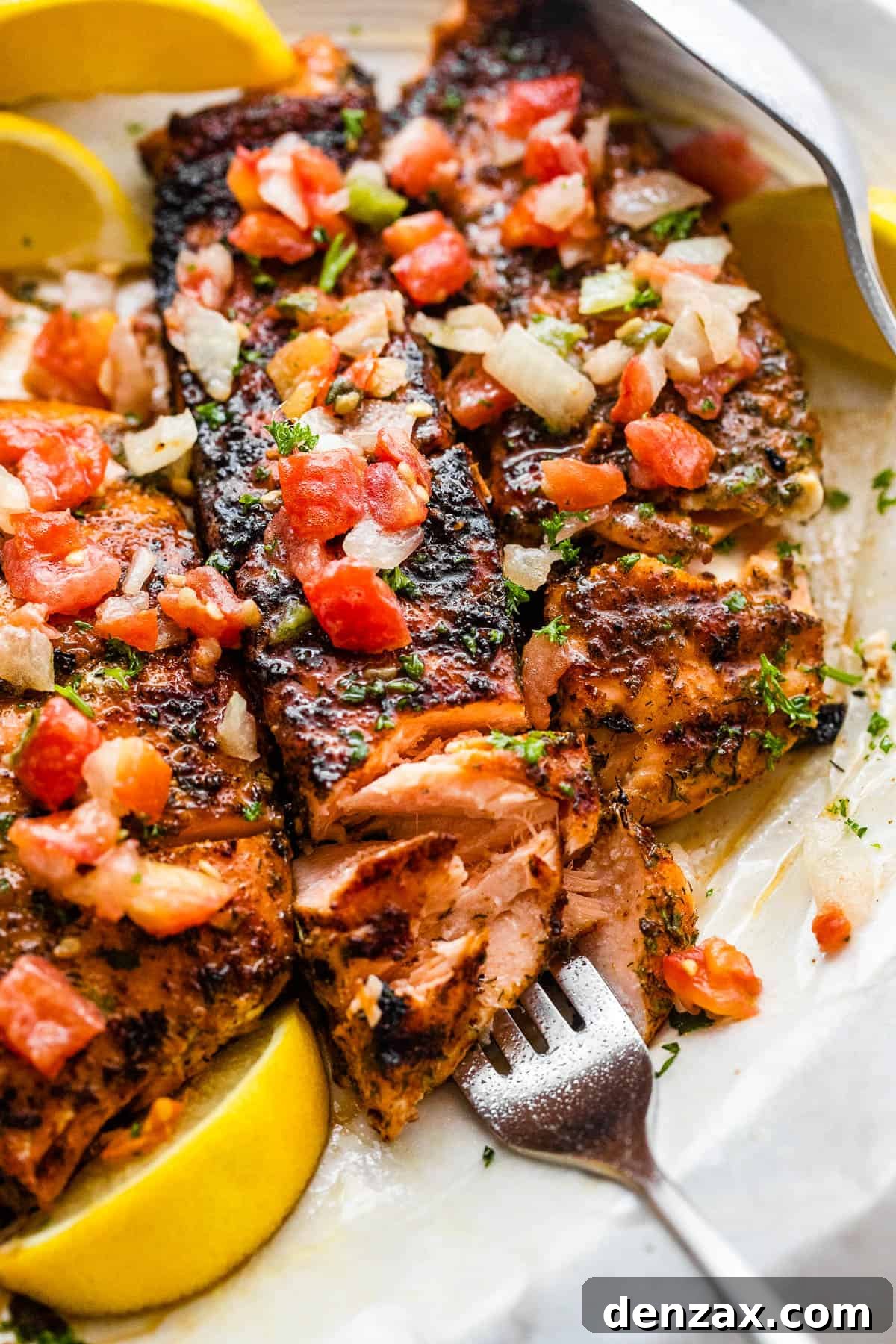 three grilled salmon fillets topped with tomatoes and onions