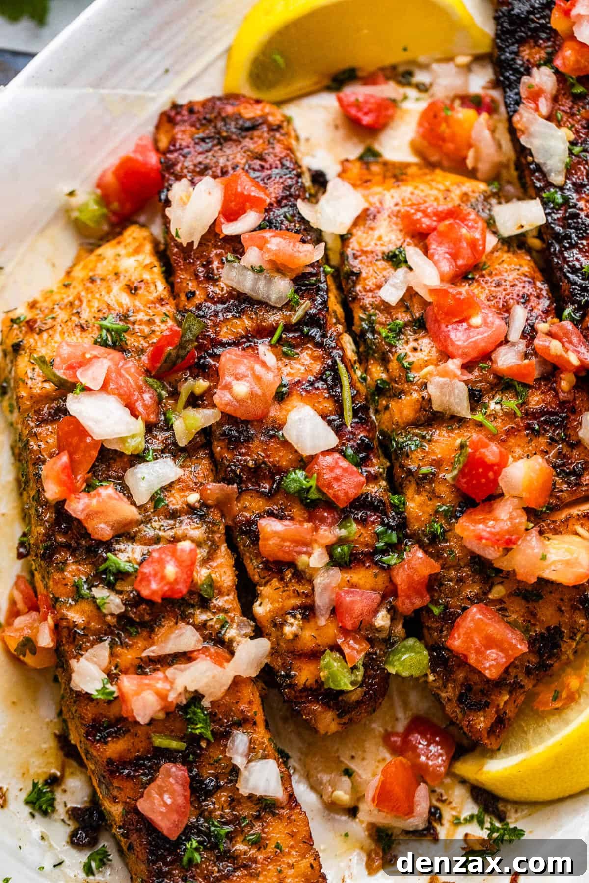 close up photo of three brown sugar grilled salmon fillets topped with pico de gallo
