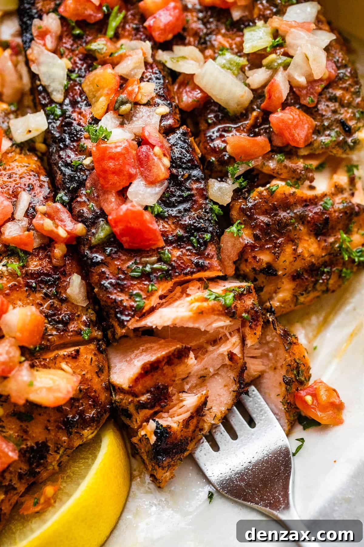 up close shot of three grilled salmon fillets topped with tomatoes and onions
