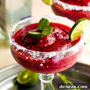 Frozen Berry Margarita served in a margarita glass with salted rims, slice of lime, and mint