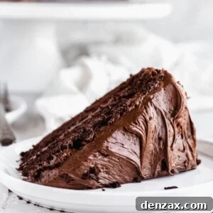 A Piece of Frosted Chocolate Cake on a Plate with the Rest of the Cake Behind it