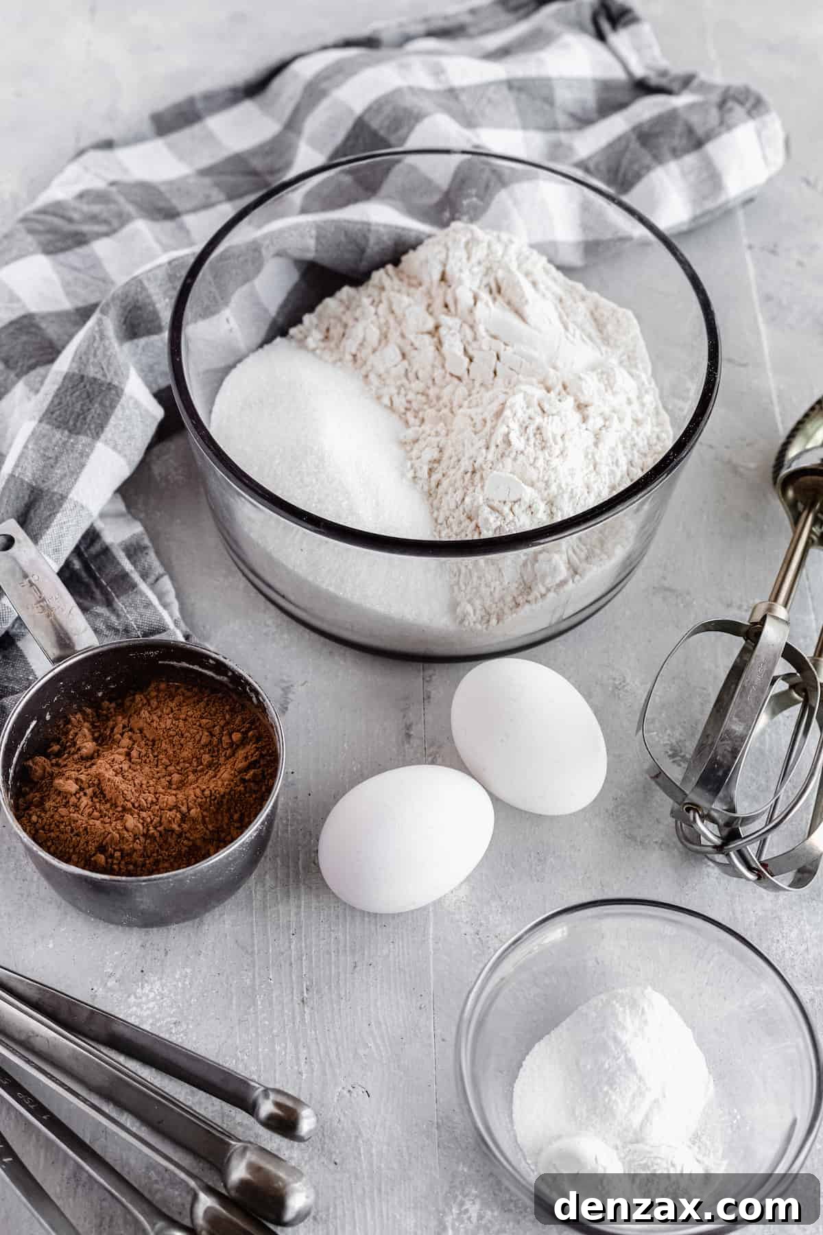 Cocoa Powder, Eggs, Baking Soda, Baking Powder and the Rest of the Cake Ingredients Arranged on a Gray Countertop