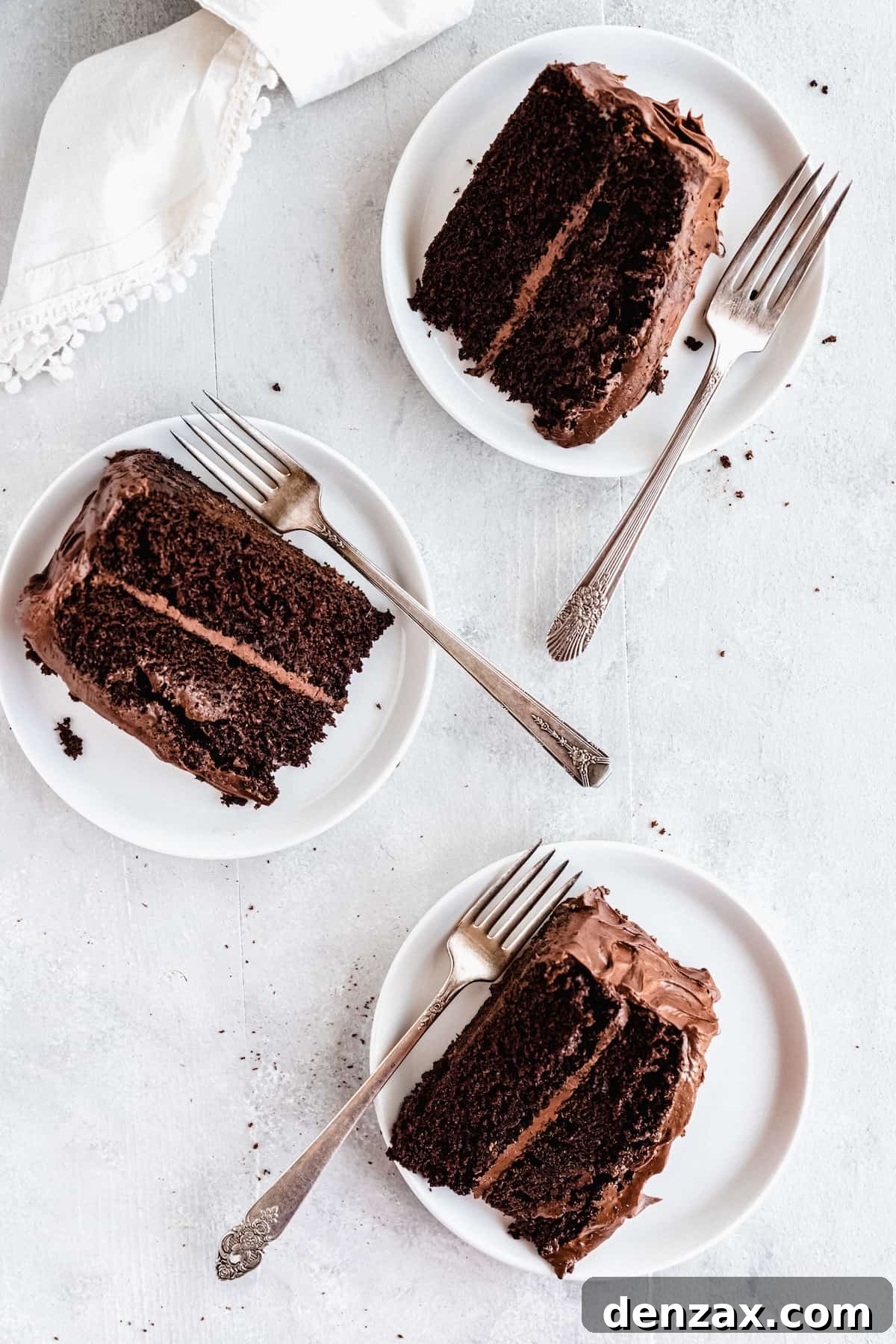 A Bird's-Eye View of Three Slices of Homemade Chocolate Layer Cake