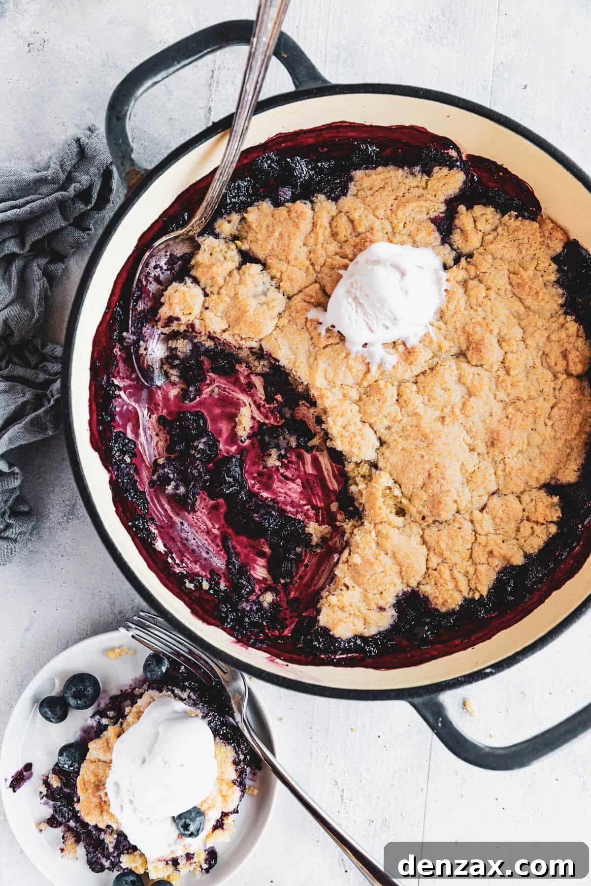 Blueberry Rhubarb Cobbler in a baking dish