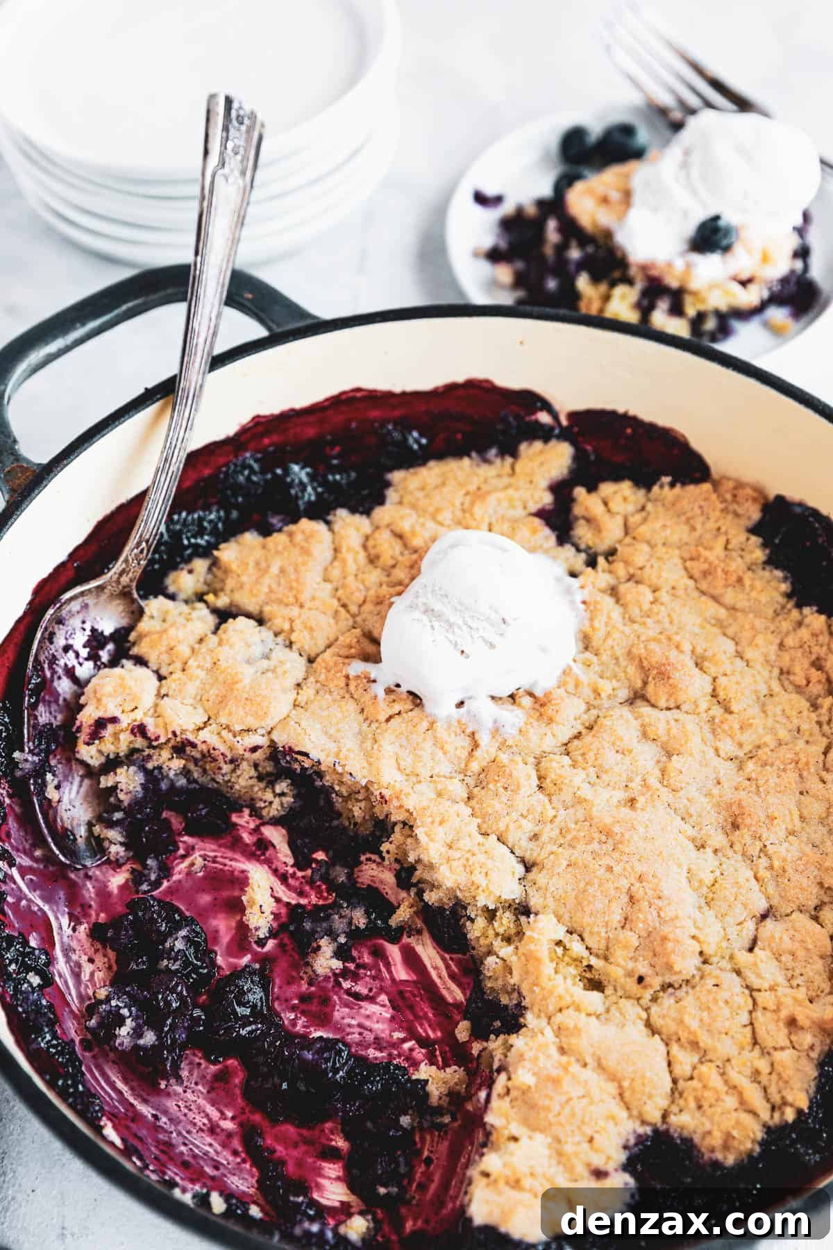 Blueberry Rhubarb Cobbler in a baking dish