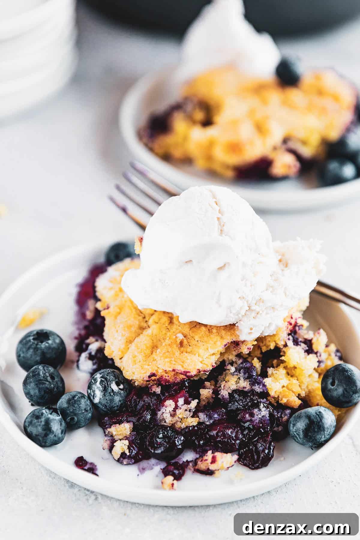Blueberry Rhubarb Cobbler served on a plate and topped with ice cream scoop