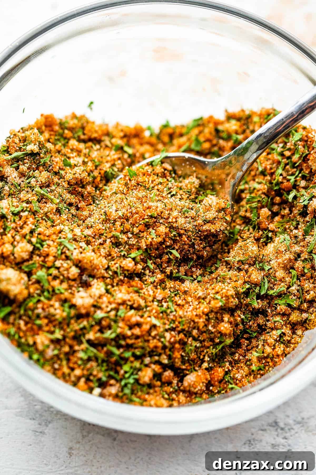 Seafood seasoning blend in a small glass mixing bowl with a teaspoon inside