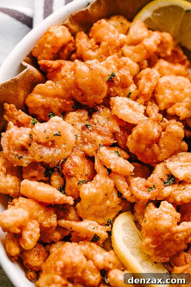 Popcorn shrimp on a plate with lemon
