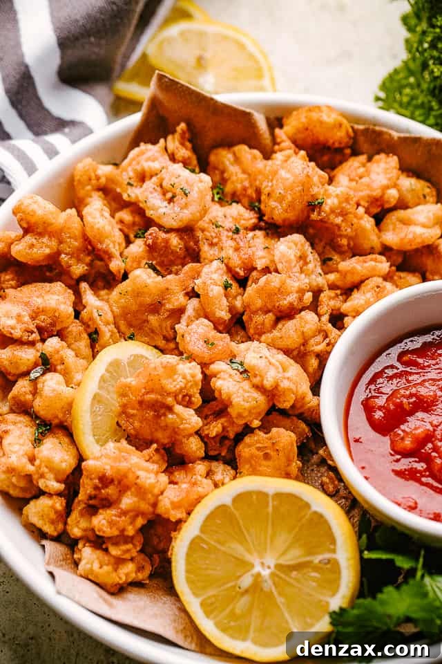 Popcorn shrimp on a plate with lemon and dipping sauce