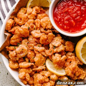 Popcorn shrimp on a plate with lemon and dipping sauce