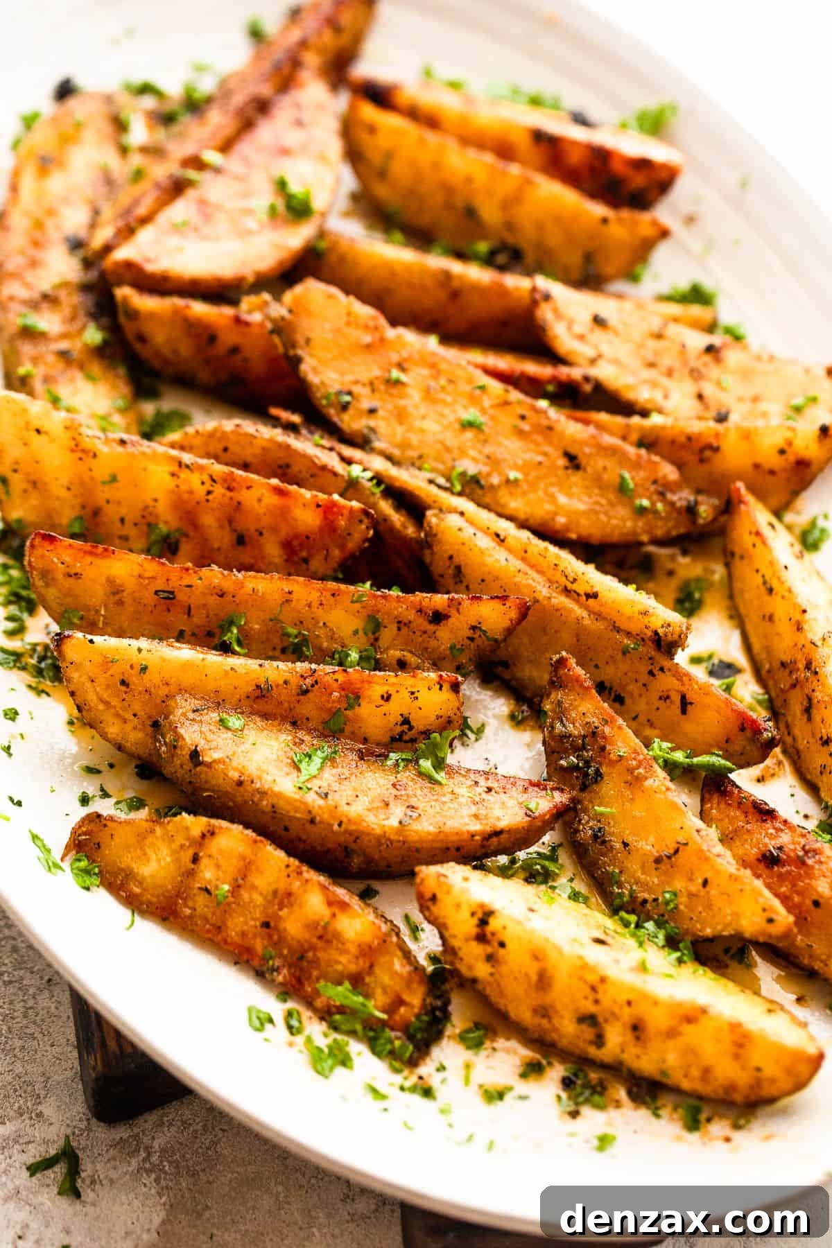 Sliced potatoes served on a white oval platter.