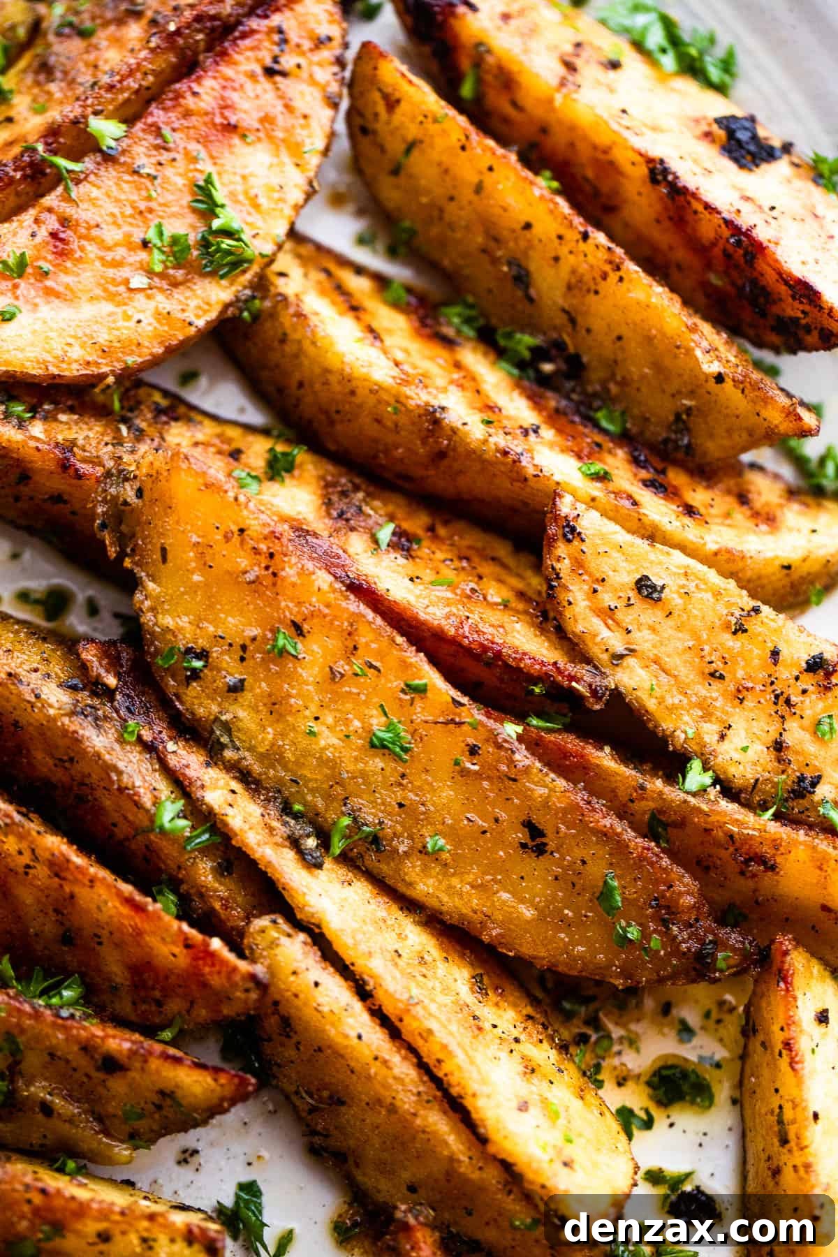 Close-up image of grilled sliced potatoes.