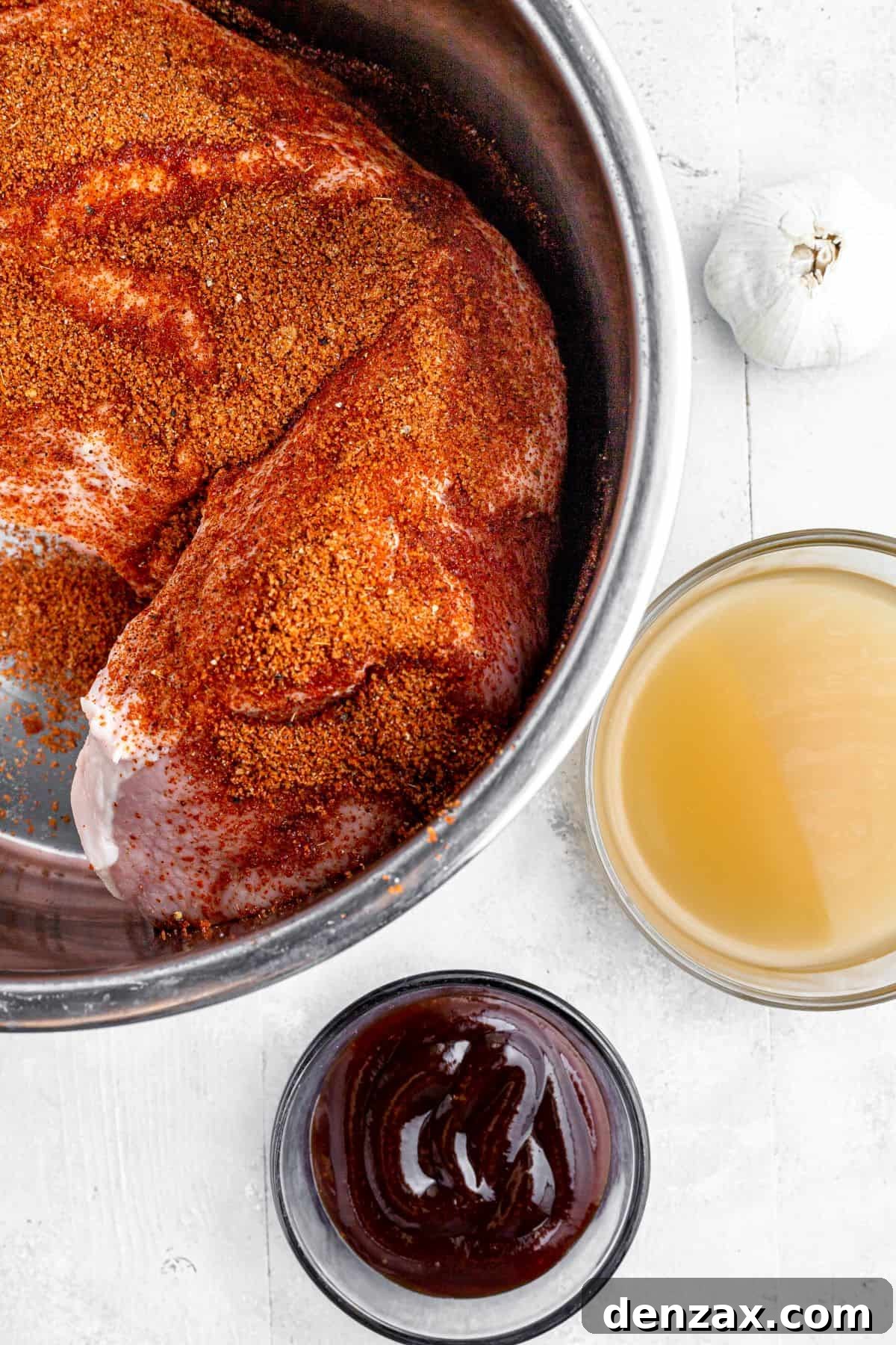 A season-rubbed pork loin in the metal insert of an Instant Pot