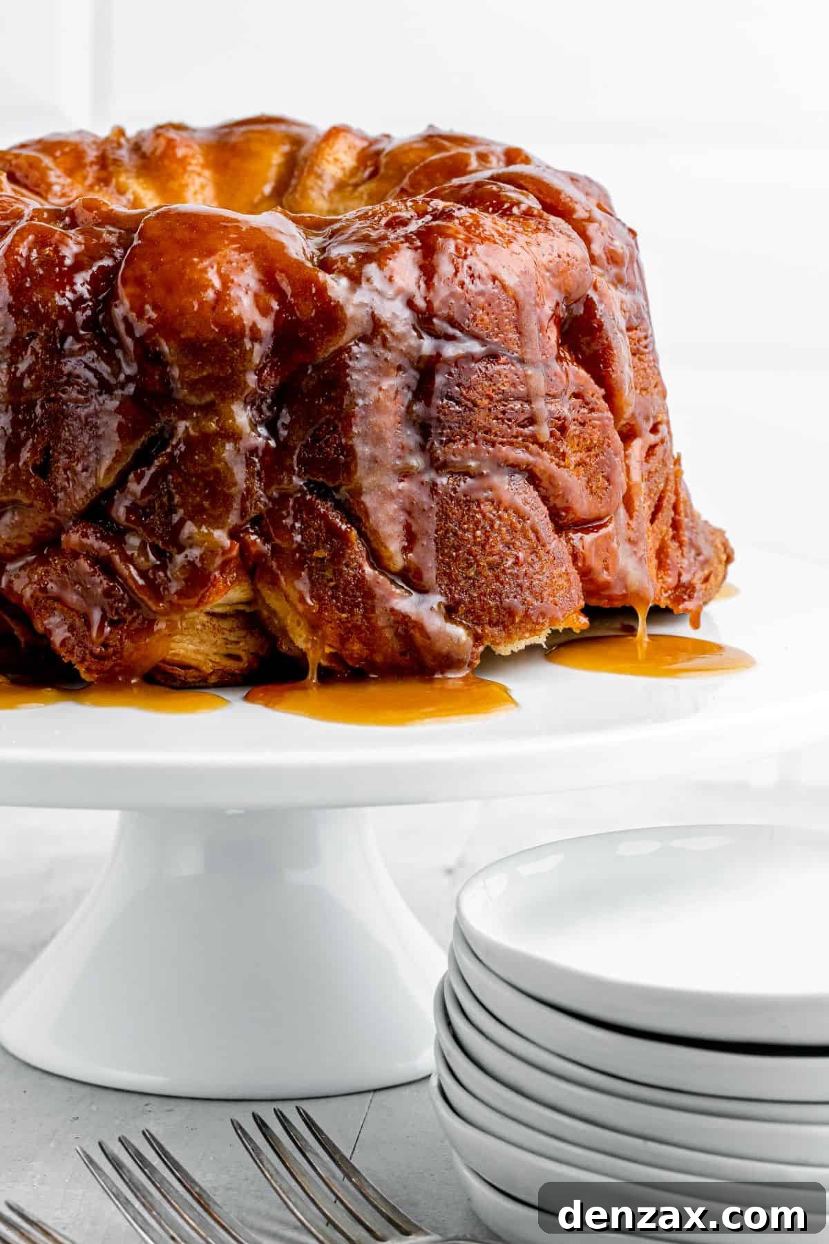 Deep golden-brown monkey bread with buttery glaze.