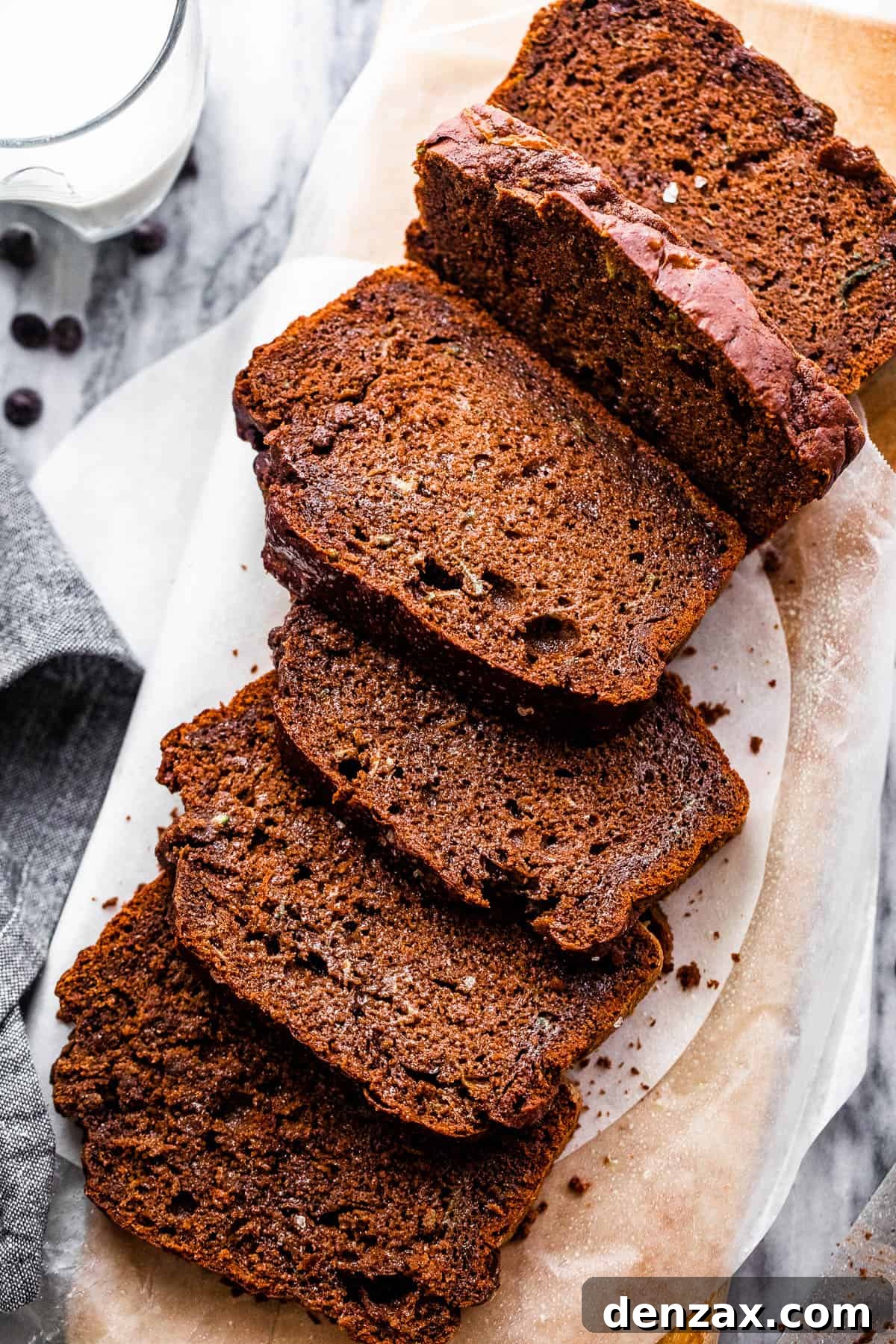 overhead shot of sliced chocolate zucchini bread