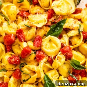 tortellini pasta tossed with cherry tomatoes and garnished with basil leaves