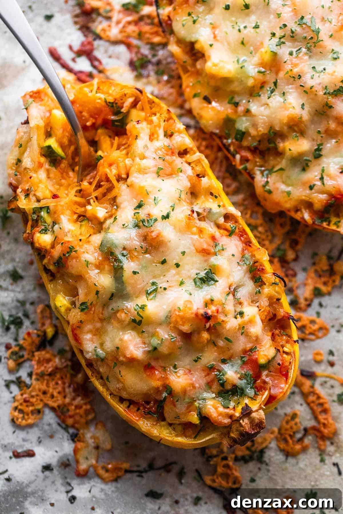 spaghetti squash stuffed with chicken enchilada filling and topped with melted cheese