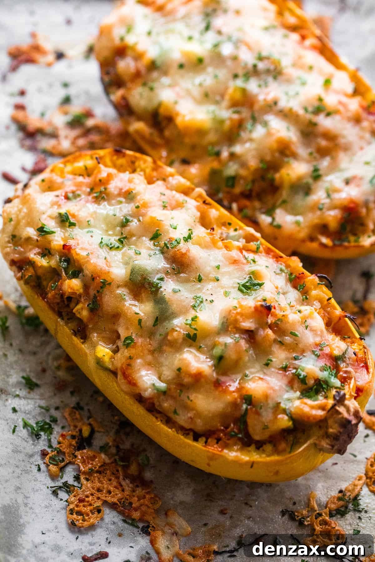 spaghetti squash stuffed with chicken enchilada filling and topped with melted cheese