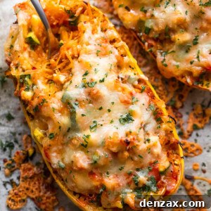 spaghetti squash stuffed with chicken enchilada filling and topped with melted cheese