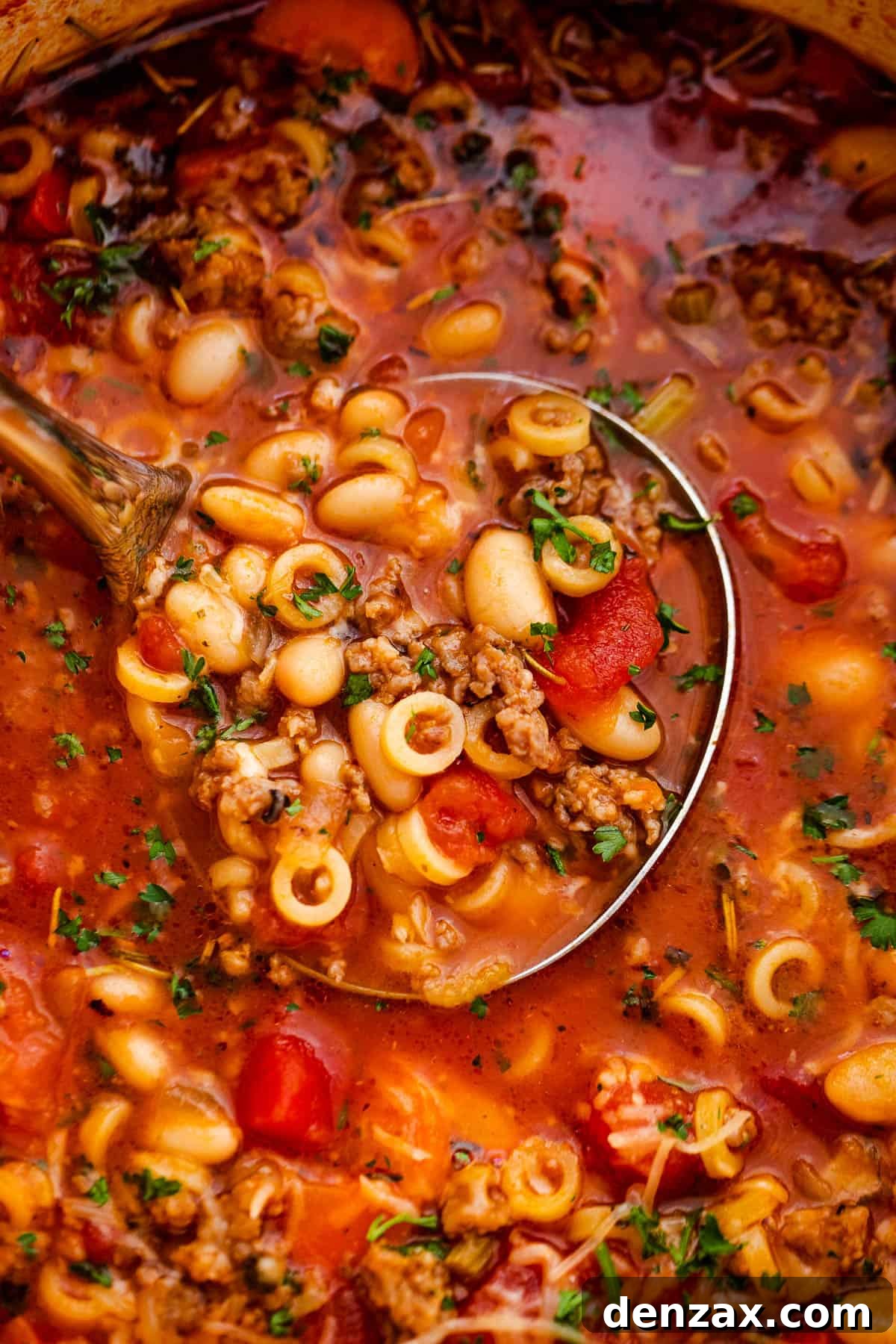 up close shot of a ladle spooning out pasta fagioli soup