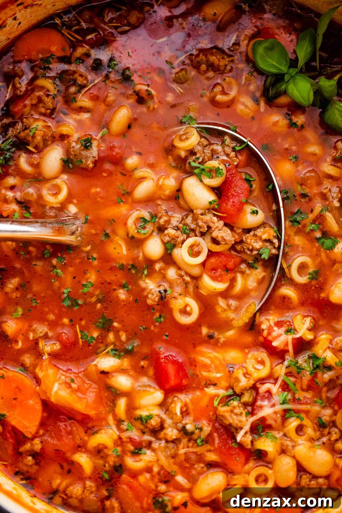 up close shot of a ladle spooning out pasta fagioli soup