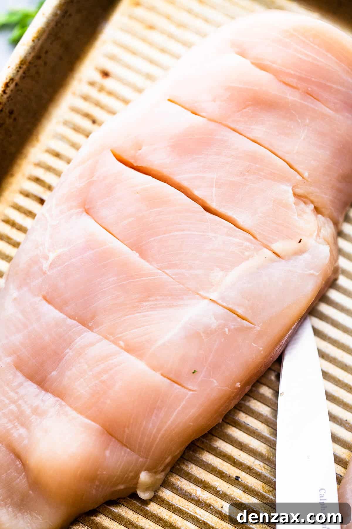 raw chicken breasts cut hasselback style