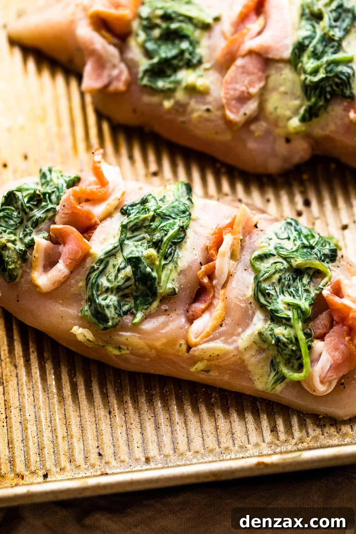 raw chicken breasts cut hasselback style and stuffed with creamed spinach plus bacon