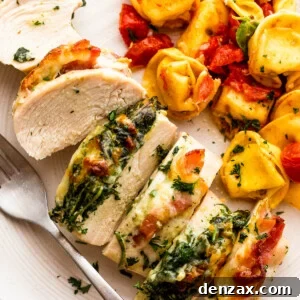 cut up stuffed chicken breast served alongside tortellini pasta