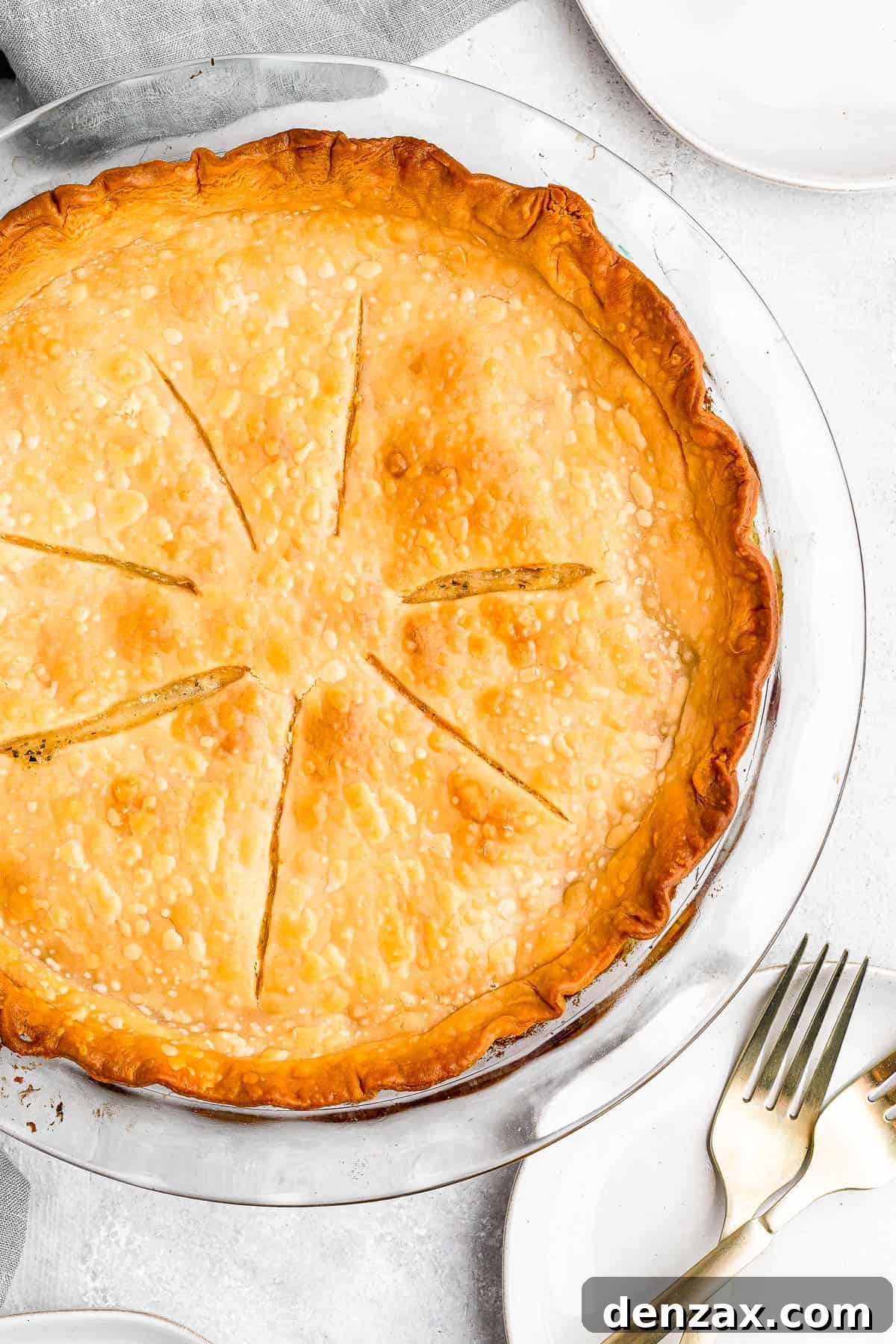 Baked chicken pot pie with slits cut into the top crust for venting.