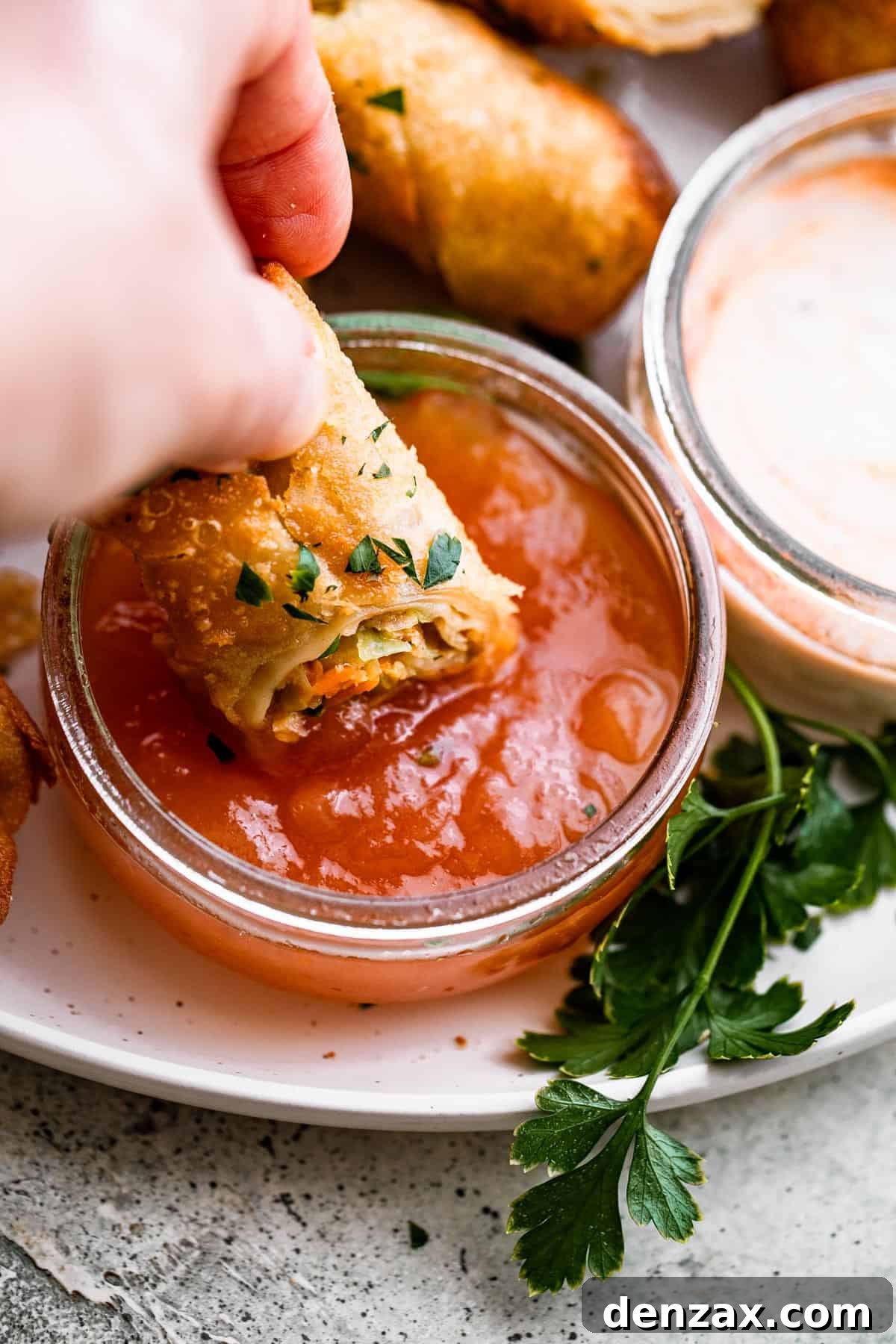 Crispy Golden Vegetable Spring Rolls Recipe 3 A small plate of spring rolls and dipping sauce, with one spring roll partially dipped in the sauce.