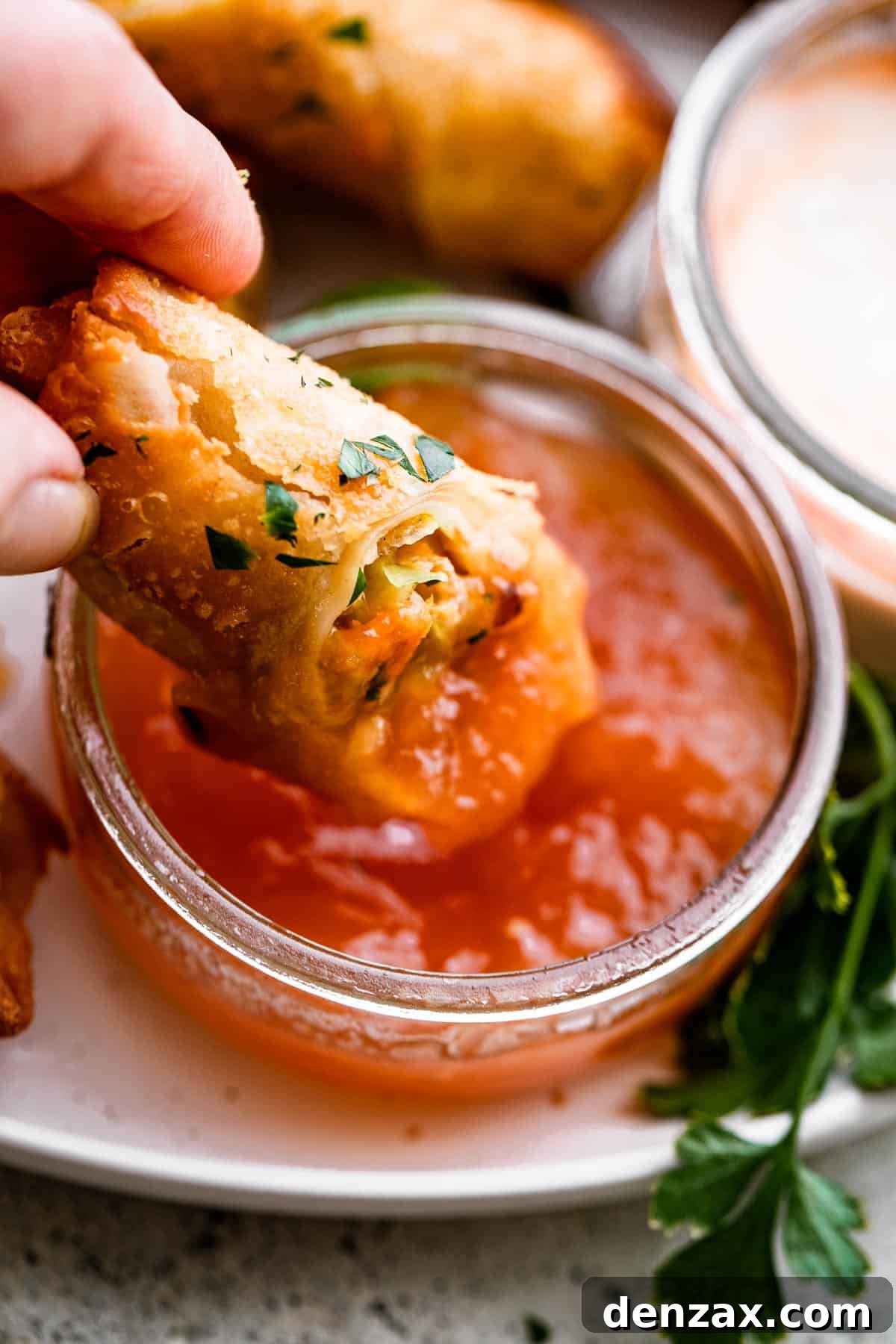 Crispy Golden Vegetable Spring Rolls Recipe 9 A small plate of spring rolls and dipping sauce, with one spring roll partially dipped in the sauce.