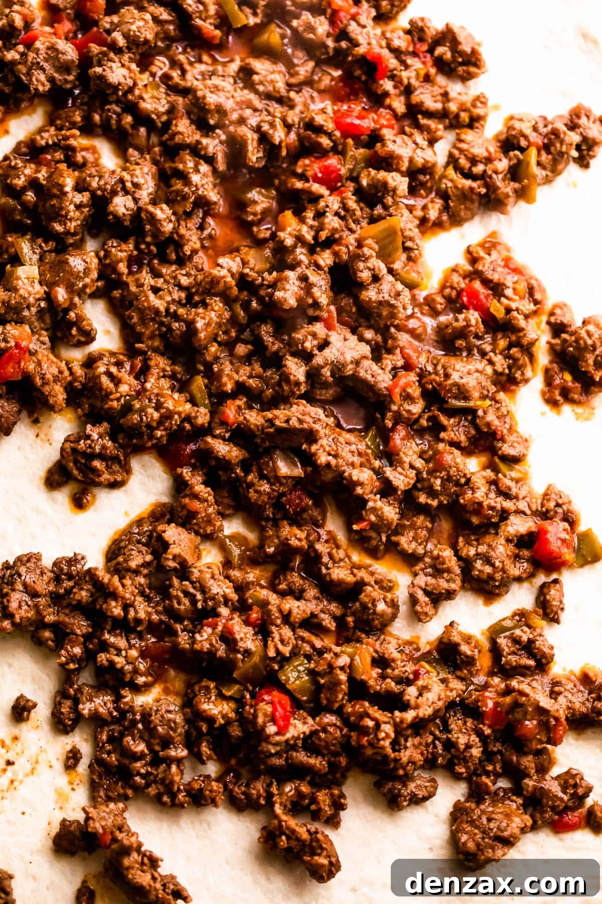 ground beef sprinkled over pizza dough.