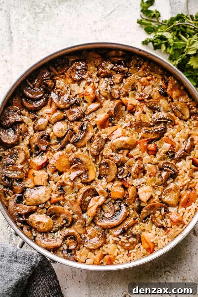 Cooking mushrooms with rice in a pan.