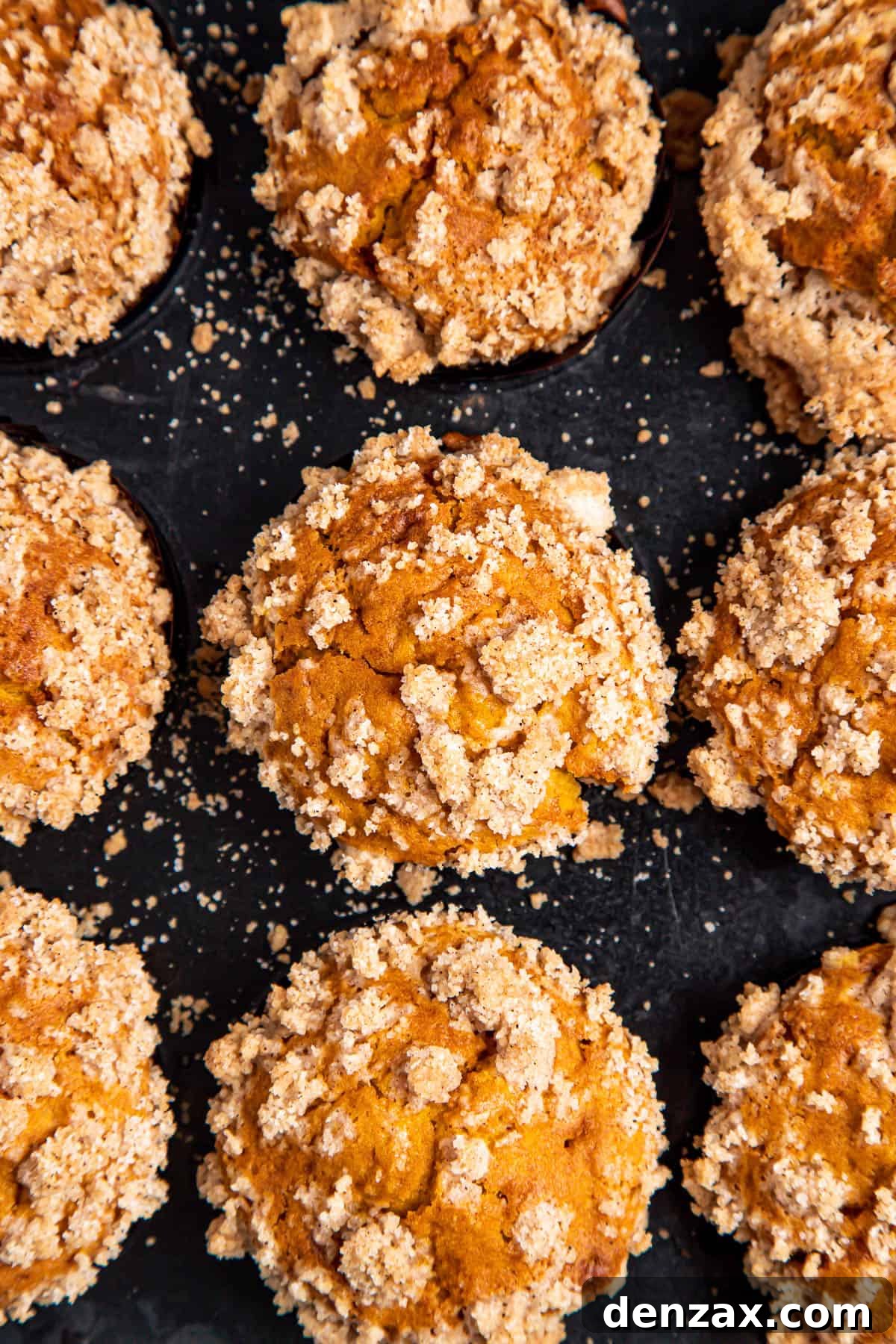 Homemade Pumpkin Muffins from Scratch — Moist Fall Recipe 7 overhead shot of A baked pan of 12 pumpkin muffins