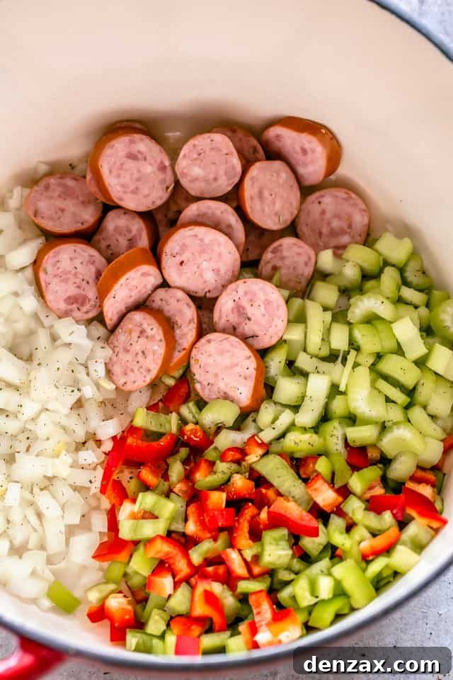 Sausage, celery, onions, and peppers ready to saute.