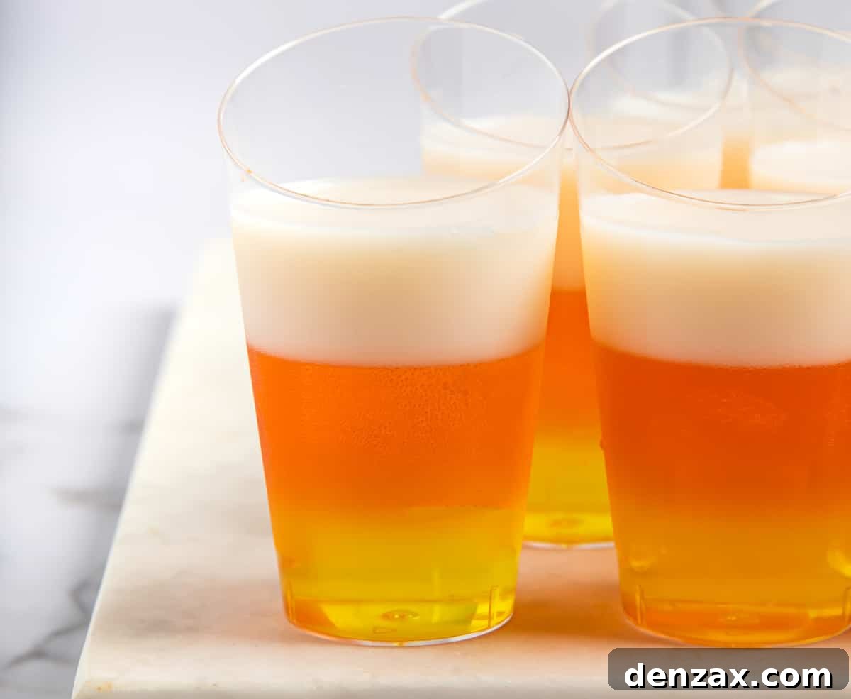 Jello shots with yellow, orange, and white layers.