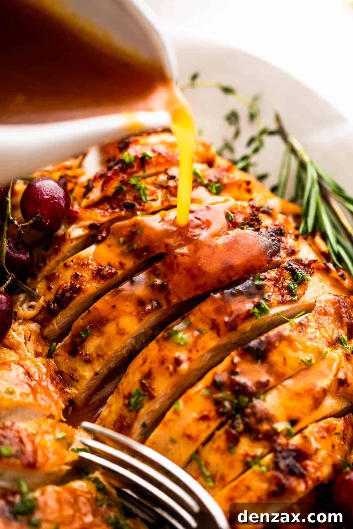 pouring gravy over sliced turkey breast