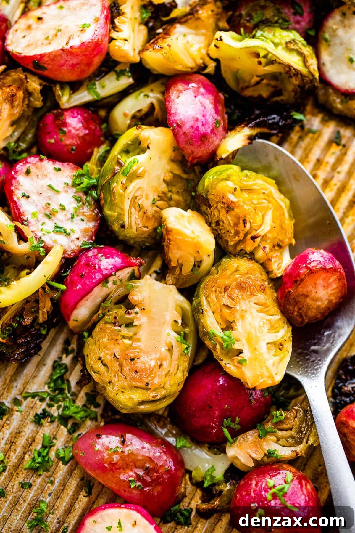 Crispy Roasted Brussels Sprouts with Caramelized Radishes 3 halved Roasted Brussels Sprouts and Radishes on a baking sheet